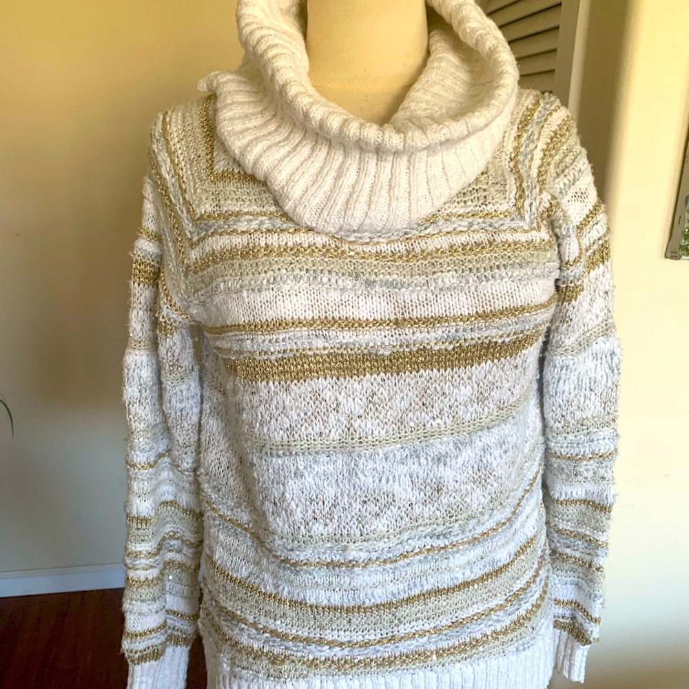 Gorgeous INC International Concepts Striped Cowl Neck Sweater - Cream and Tan,
